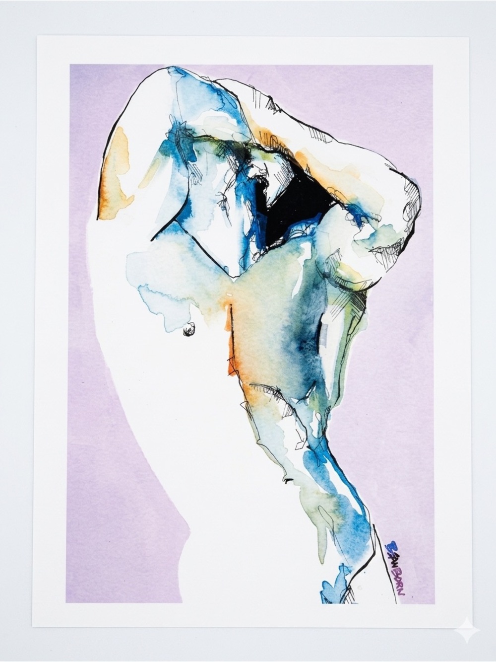 Brenden Sanborn Watercolor Male Figure Study Art Print Purple Blue 12x16 EUC